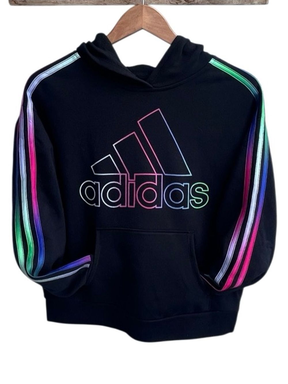 Adidas Youth XL 16 Black Hoodie Rainbow Neon Stripe Logo Sweatshirt
